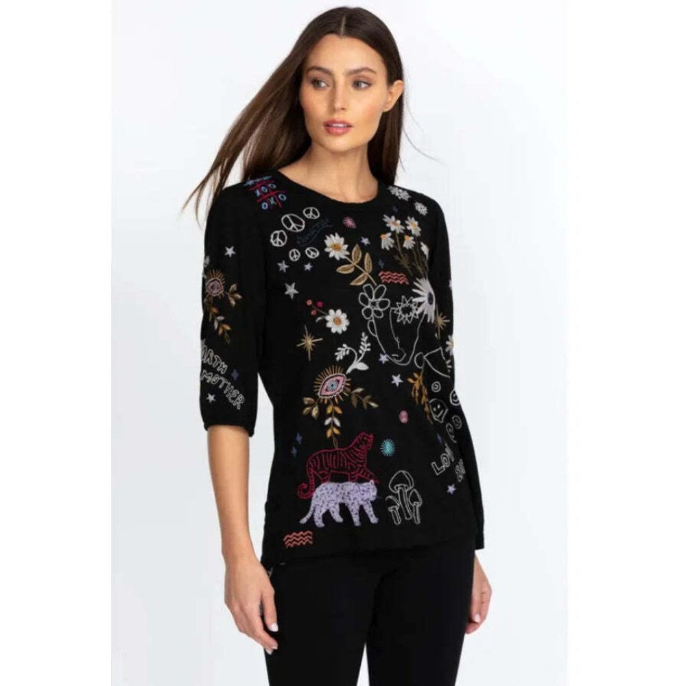 Johnny Was Soho Puff Long Flower Shirt Embroidery Floral Tee Black Top Small NEW
